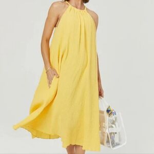 SHEBIRD Gauze Halter Dress Size L Yellow Midi The Sophia 100% Cotton Dress Bra
